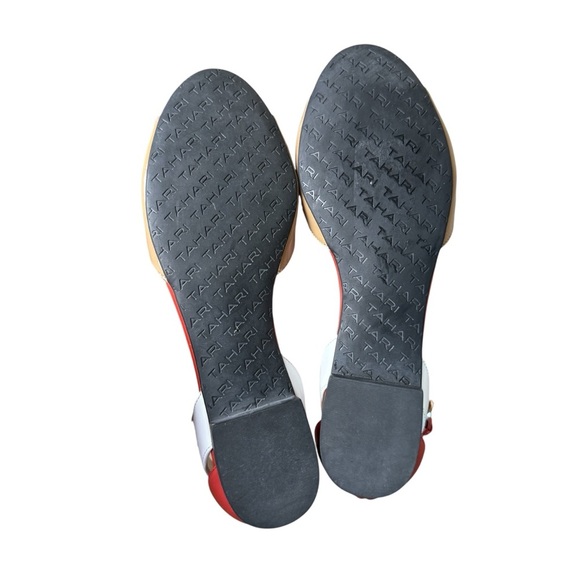 Tahari Fleur Womens Peep Toe Flats Tan Red White Ankle Strap Sandal 7.5M Leather - Picture 9 of 9